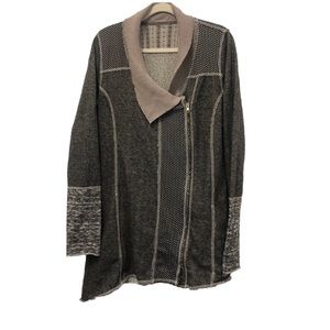 Multi-Textured Fabric Gray Front Zip Raw Hem long Moto Jacket pockets